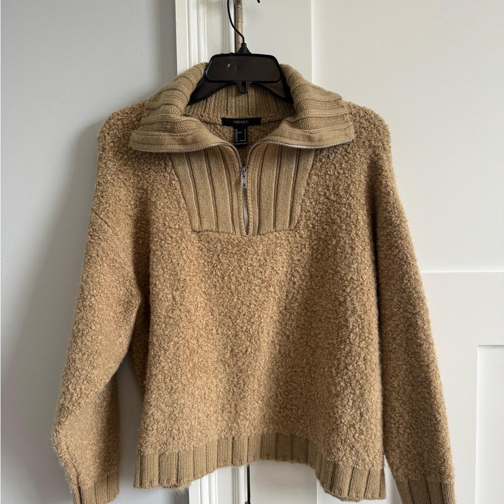 Forever 21 Taupe Zip V-Neck Sherpa Sweater
